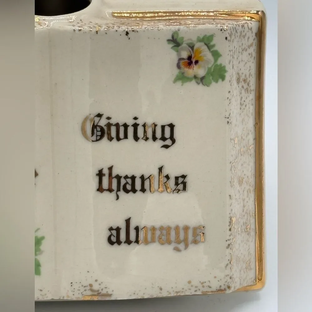 Hazlett 1962 Holy Bible Vase Religious Ceramic Gold Pansies Giving Thanks